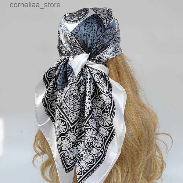 Bandanas Durag Bandanas Durag Marca de moda Cadena de herradura de metal Seda de champán 90x90 cm Bufanda cuadrada Lazo femenino Lazo para el cabello Bolsa Bufanda profesional para mujer Y240325