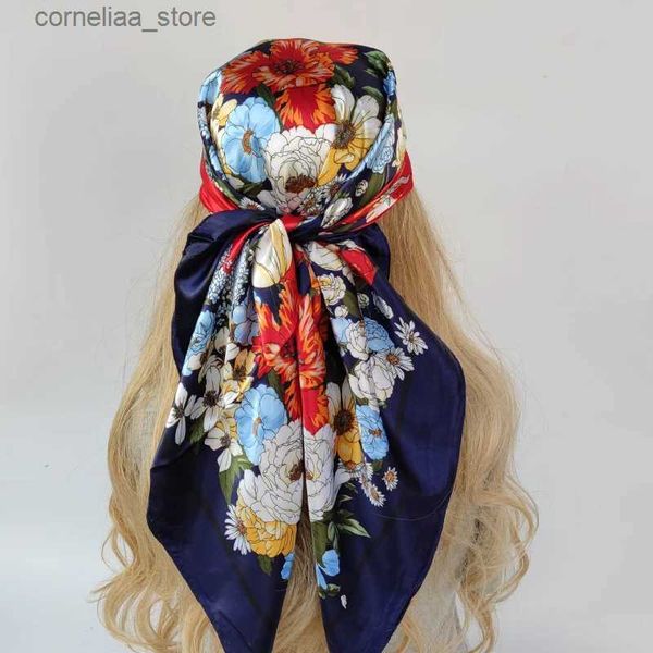 Bandanas Durag Bandanas Durag nouveau foulard en soie femmes grand foulard carré 90 cm peinture à l'huile impression tournesol personnalisé foulard en satin Y240325