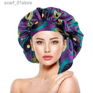 Bandanas Durag Extra grande patrón africano estampado satén sombrero mujer noche sueño C banda ancha ajustable cabeza elástica Wr pelo HatC24319