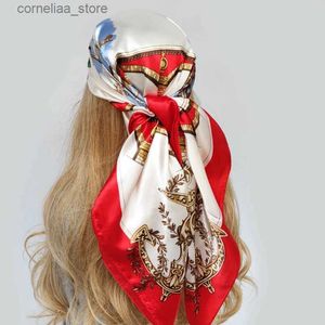 Bandanas Durag Foulard de cheveux de foulard de mode pour femmes imprimé floral foulards hijab en satin de soie 90 * 90 cm foulards de bandeau de châle carré pour dames 2022 Y240325