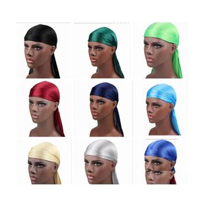 Pañuelos Durag Moda para hombre Satén Durags Bandana Turbante Pelucas 17 colores Hombres Sombreros sedosos Diadema Sombrero de pirata Accesorios para el cabello Dro Dhnx9