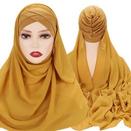 Bandanas Durag Hijabs instantáneos gasa Hijab bufanda con gorras de Jersey cruzadas capó diseño de marca bufanda musulmana 230314