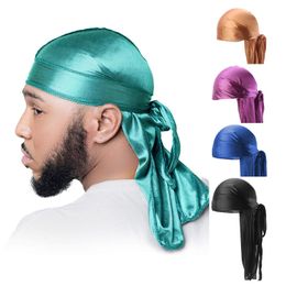 Bandana Durag Lange Staart Zijdeachtige Sjaal Moslim Doo Rag Piraat Hoed Chemo Caps Schedel Tulband haarband 18 kleuren voor Kiezen 230605