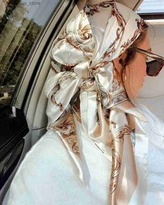 Bandanas Durag Bufandas Satén Cuadrado Bufanda Mujeres Musulmanas Hijab Elegante 2023 Impresión Seda Pañuelo Mantón Envolturas Diadema Mango Accesorios para el cabello Bandana Y240325