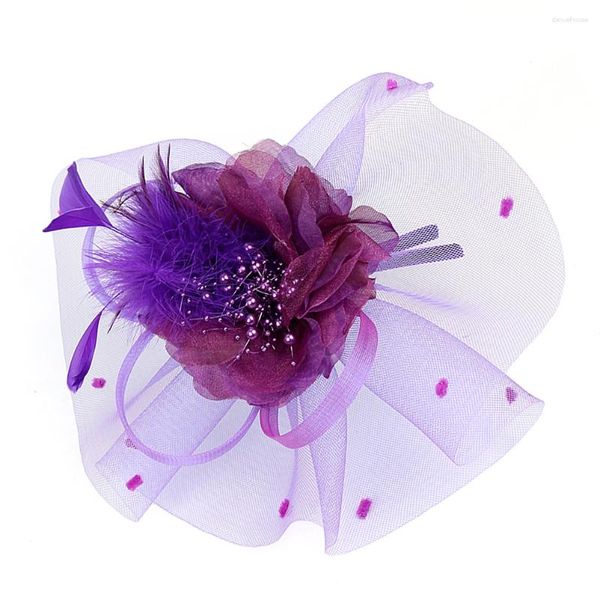 Bandanas Diadema exquisita Tocado floral Malla Pinza para el cabello Decoración de mujer para boda Fiesta de noche (Púrpura)