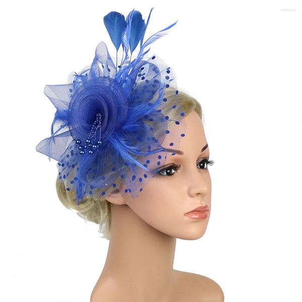 Bandanas Fascinators Chapeau Pour Femmes Tea Party Bandeau De Mariage Cocktail Fleur Maille Plumes Pince À Cheveux (Bleu Foncé)