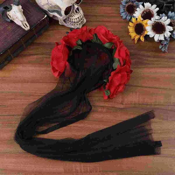 Bandanas para fiesta de Halloween, velo de encaje, hebilla para la cabeza, diadema de flor rosa y araña, accesorios para el cabello, Día de la