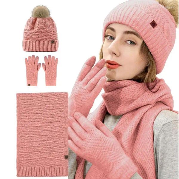 Bandanas Sombrero Guantes Bufanda Conjunto Mujeres Tejer Polar Suave Cálido Con Pom Para Patinar Viajes Camping