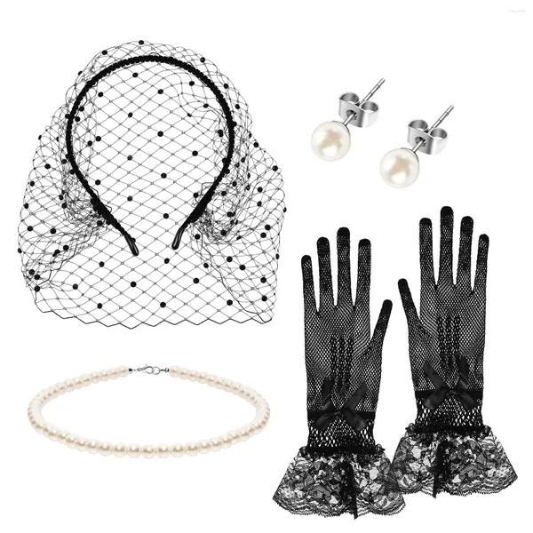 Pañuelos Diadema Velo negro Cara Guantes de encaje Mujeres Diademas Fascinators Pendientes de perlas Pendientes de mujer Tonos tierra