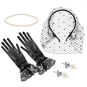 Bandana Hoofdband Handschoen Ketting Fascinators Vrouwen Zwarte Sluier Parel Oorbellen Tea Party Handschoenen Studs Gezicht Set