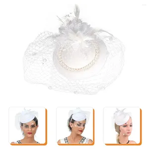 Bandanas de malla sombrero de perlas novia boda mujeres tocado banquete velos novias pequeña señorita Top de encaje blanco