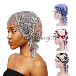 Bandanas Muçulmana Estilo Pré-Amarrado Chapéu Turbante de Algodão Lenço na Cabeça Feminino Estampa Floral Bandanas Lenço de Cabeça Suave Queda de Cabelo Câncer Quimio Cap Turbante x0628