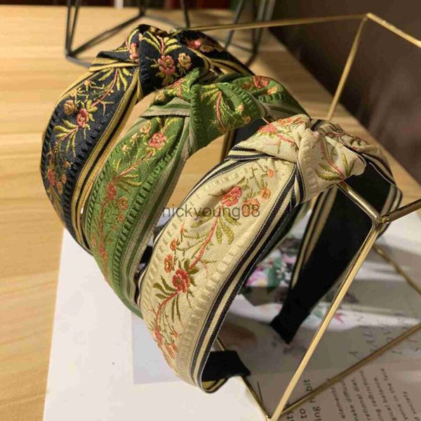 Bandanas nouvelle mode broderie bandeau travail manuel fleurs bandeau noeud central large côté Turban pour adulte cheveux accessoires x0628