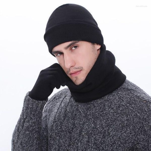 Bandanas Chapeau de randonnée en plein air Écharpe de cou en laine pour hommes Femmes Gants tricotés chauds épaissis Ensemble de 3 pièces