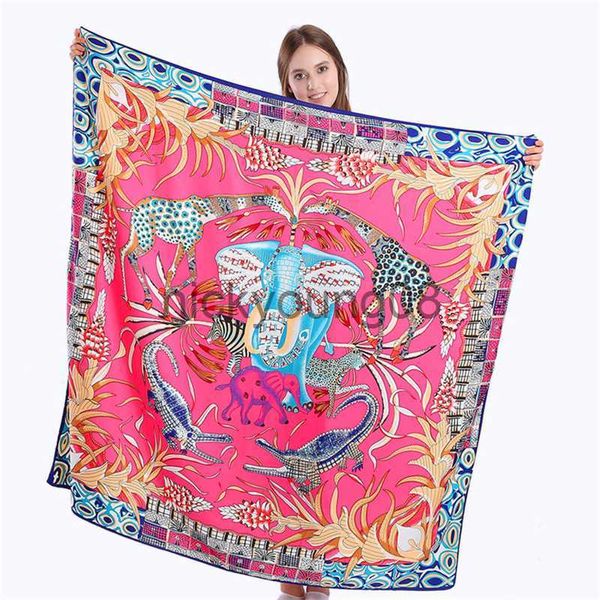 Pañuelos POBING % Pañuelo cuadrado de seda de sarga Estampado de animales Pañuelos de mujer Pañuelo de jirafa Foulards españoles cachecol Pañuelo grande x0628