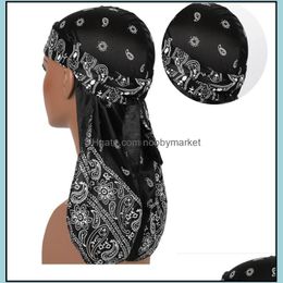 Bandanas Premium Men Silk Durag Paisley Diseño Impresión Durag Silky Straps Largas Cabeze Cabeza de bufanda Capazón de satén Deli otvei