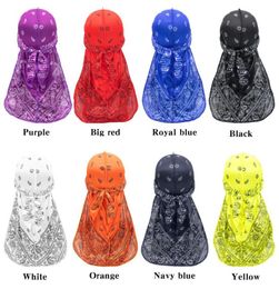 Bandanas Satin Men Stretchy Cap Hip Hop du Doo Rag Durag Pruiken Turban Bandana Hoofdkleur Solid Color Lange hoed Tie Down Tail Hair Acce9584434