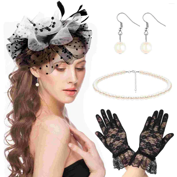 Pañuelos cabeza de malla blanca flor tocado sombrero diadema fiesta guantes de encaje mujeres Stud pendiente conjunto boda accesorios para el cabello HatHair