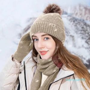 Bandanas d'hiver en laine, bonnet, chapeau, écharpe, gants, ensemble pour femmes avec cache-cou Long Pom