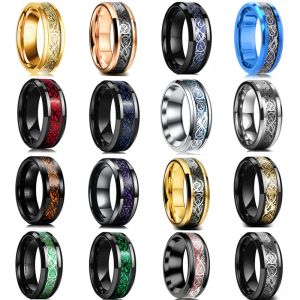 Bandas 16 colores Fashion 8 mm Titanium Celtic Dragon Rings For Men Inslay Colorido Carbon Fiber Hen Anillos de acero inoxidable Anillos de boda al anillos de boda