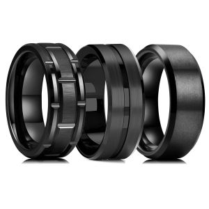 Banden 2023 Trendy heren 8mm Zwarte titanium trouwring ringen dubbele zwarte groove afgeschuinde rand roestvrijstalen verlovingsring voor mannen