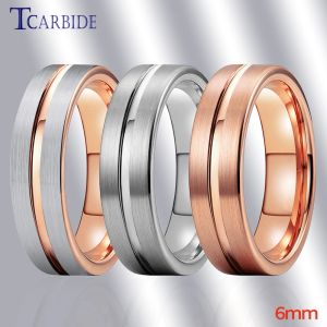 Banden 6mm Men Dames Ring Tungsten trouwring Rose Gold kleur met geborstelde en middelste groove afwerking Comfort Fit