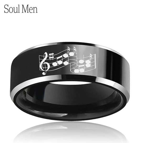 Bandes 8mm noir classique anneau pour hommes femmes confort Fit tungstène mariage bande musique Notes gravées bijoux personnels taille 6 à 13