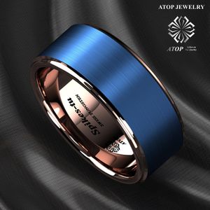 Banden 8 mm blauwe wolfraamcarbide ring roségouden geborstelde trouwring bovenop heren juwelen