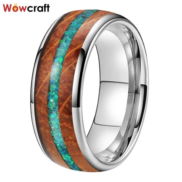 Bandas 8 mm Dropshipping pulido con cúpula Ventas calientes Anillo de moda Ópalo verde Whisky Barril Incrustaciones de madera Hombres Mujeres Banda de boda de tungsteno