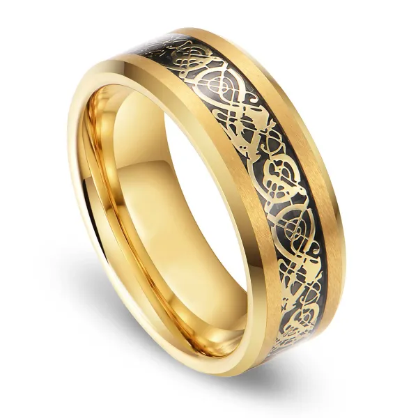 Bandes 8 mm mode hommes gold couleurs en acier inoxydable celtique dragon ringle noire en fibre de carbone anneau hommes de mariage