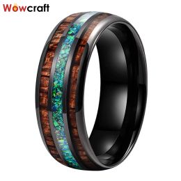 Bandes 8mm vert écrasé opale Koa bois incrustation noir tungstène alliance fiançailles promesse bague en forme de dôme poli brillant confort ajustement