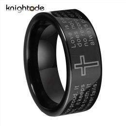 Bandes 8 mm laser gravé Bible Verse Christian Lord Prayer Cross Ring For Men Women Tungsten Steel Bands de mariage Polied Comfort Fit