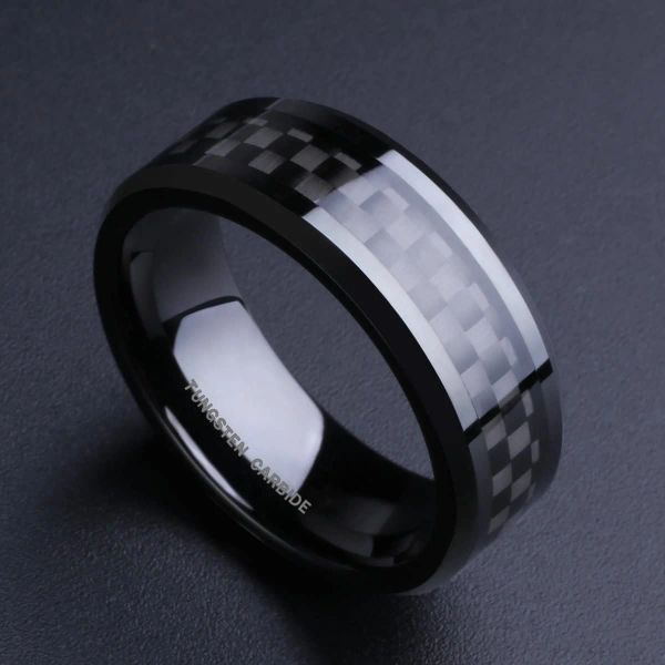 Bandas 8 mm de tungsteno de tungsteno carburo ring silver anillo de fibra de boda de fibra de carbono negro para la fiesta de la fiesta de la fiesta del regalo tamaño del regalo 613