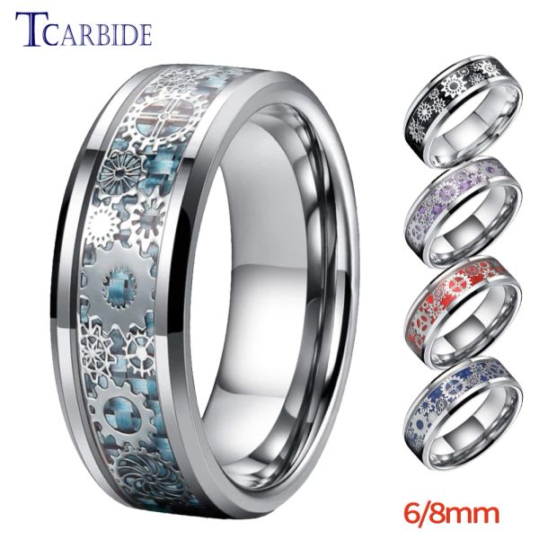 Bandas 8 mm Hombres Mujeres Compromiso de tungsteno Anillo de bodas Mecánica Rueda de engranaje Mecánico Blue Carbon Fiber Inlay Joyería de regalo