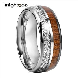 Banden 8mm Silvery Tungsten Carbide Ring White Meteorite/Wood Inlay for Men Women Modern Style trouwring Dome Polijt Comfort Fit
