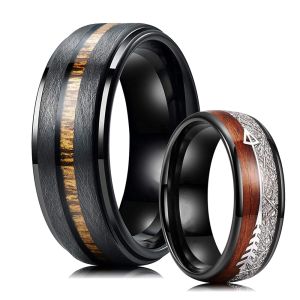 Banden 8mm Trendy Black Titanium Steel Rings for Men Inlay Hawaiian Koa Wood and Meteorites Matte Bushed Finish Men Men Wedding Band Ring
