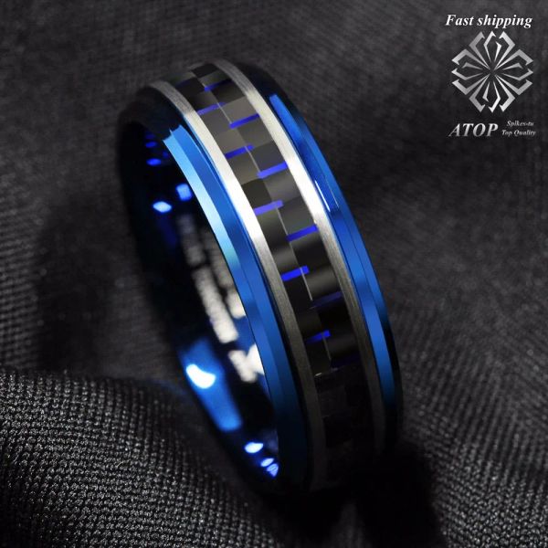 Groupes au sommet de 8 mm bijoux masculin Blue Tungsten Ring Black and Blue en fibre de carbone Band Livraison gratuite