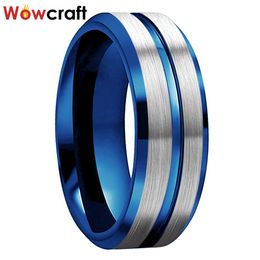 Bagues en carbure de tungstène bleu pour hommes et femmes, 6mm, 8mm, fiançailles, bagues de mariage rainurées bleues brossées avec bords biseautés