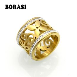 Groupes borasi nouveaux anneaux de cristal pour les femmes enréciement blanc en acier inoxydable or couleur mariage anneaux de fleurs femelles bijoux adolescents