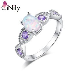 Banden Cinily White Fire Opal Ovale stenen ringen verzilverde lila paarse zirkonia kristalbetrokkenheid bruiloft volledig juwelen boho vrouw
