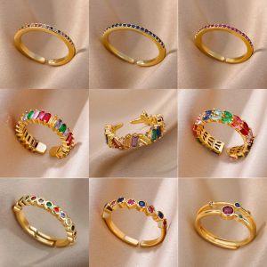 Bandes anneaux de zircon colorés pour femmes couleurs or couleurs en acier inoxydable mode cubique zirconi anneau 2023 Tendance