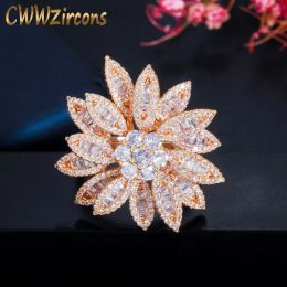 Bandas cwwzircons 3d pilas geométricas de circón cúbico Declaración de flores grandes anillos de dedo para mujeres chapadas de oro para joyería de fiesta de bodas R145