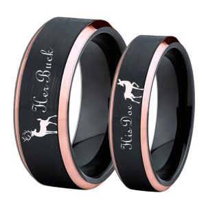 Bandes Deer Family Tungsten Ring Elk Design Her Buck His Doe Wedding Band Ring Noir avec Rose Doré Personnalisé Gravé Personnalisé