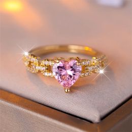 Bandas Elegantes rosa Pink Crystal Heart Ring Stone Love Love Heart Engagement Rings For Women Dainty Gold Color Body Band Band Boho Jewelry