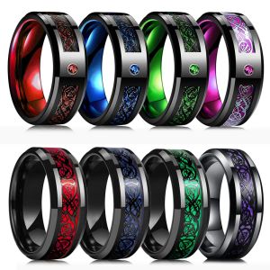 Banden Fashion Men's 8mm Zwart Tungsten Wedding Celtic Dragon Rings ingelegde blauwe zirkoon roestvrijstalen rode koolstofvezelring voor mannen