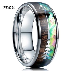 Banden FDLK Nieuwe 8mm mannen roestvrijstalen ring natuurlijke regenboog abalone shell Koa hout inleg pijl ring mannen trouwband maat 613