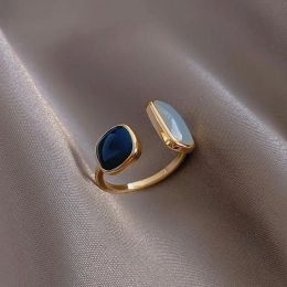 Banden Franse nieuwe vintage vierkante blauwe olie druipende ringen voor vrouwen mode temperament simpele opening verstelbare ring dames sieraden