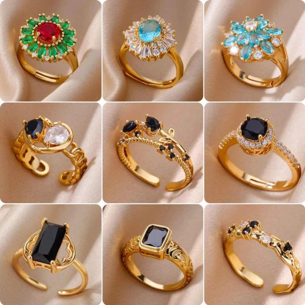 Bandes Géométriques Black Stone Sonnes en acier inoxydable pour femmes Gold Couleur de mariage Heart Anneau vintage Bijoux de Noël Cadeau pour filles