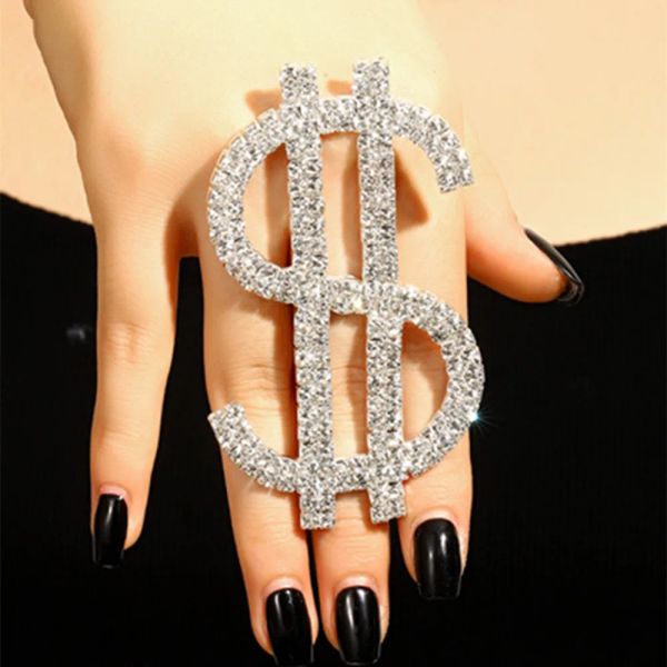 Bandas Día diámetro diablés hecho a mano 9cm*5 cm Signo de dólar de gran tamaño Anillos abiertos Joyería de hip hop para mujeres Ajuste de cristal de cristal anillo