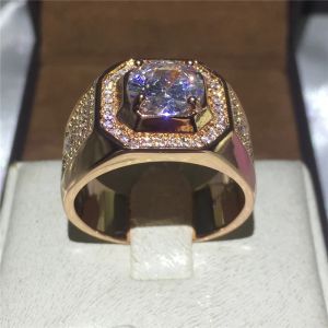 Banden handgemaakte roségouden ring ronde gesneden 3ct stone 5a zirkon cz zilveren kleur verloving trouwring voor mannen
